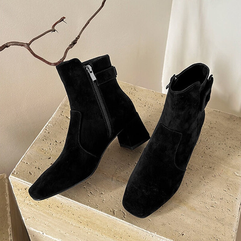 Women's Elegant Ankle Boots 55mm Heels Side Zipper Slimming Boots in Black/Grey