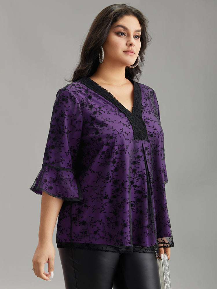 Crochet Lace Mesh Bell Sleeve Blouse