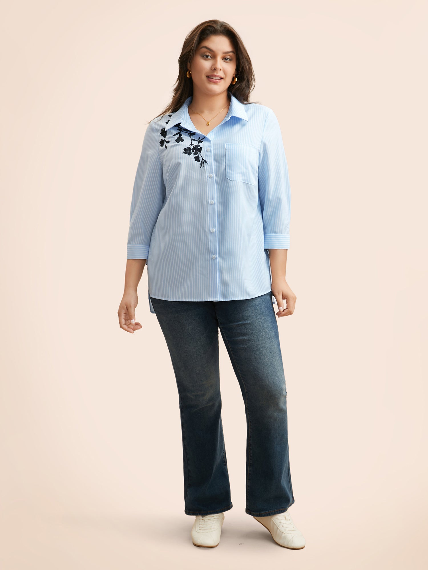Floral Embroidered Striped Patched Pocket Blouse