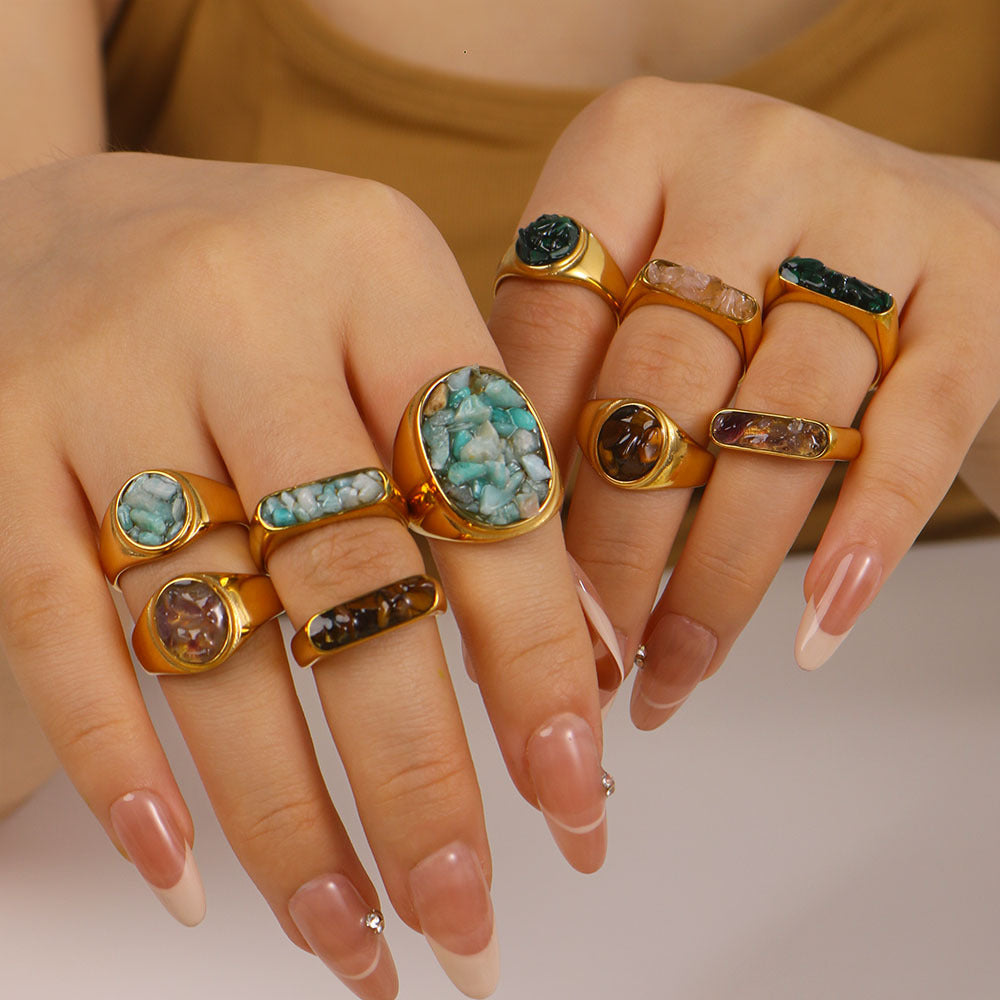 Natural Stone Gravel Stainless Steel Ring Exquisite Simple Titanium Steel Ring For Women