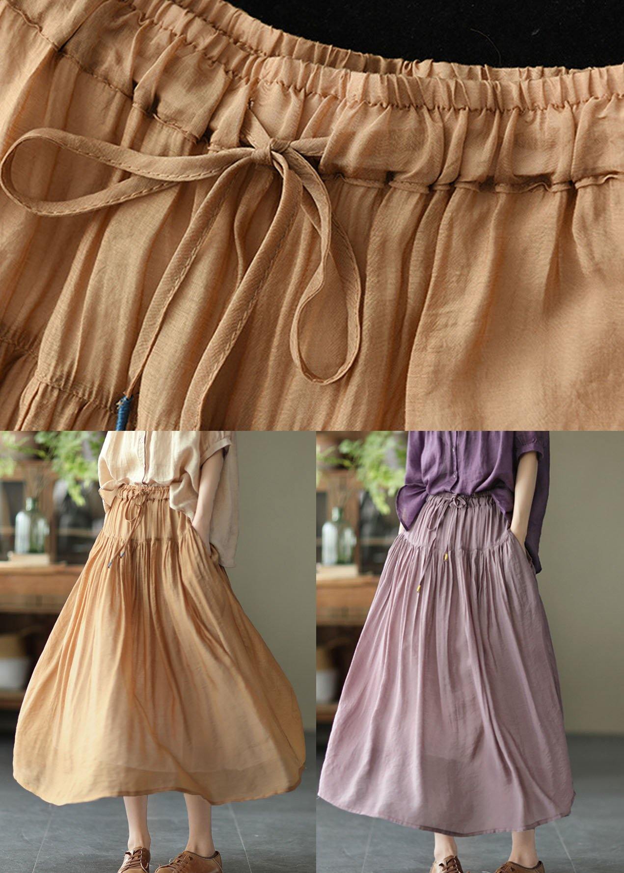 Vintage Light Purple Elegant Patchwork Tie Waist Summer Skirt Linen