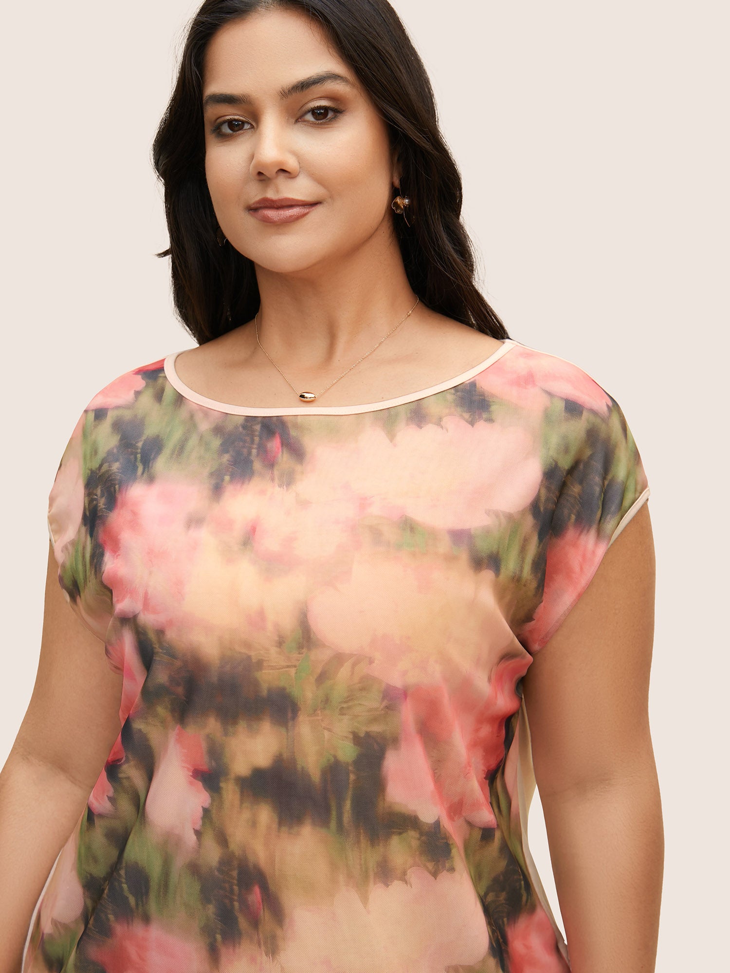 Boat Neck Watercolor Floral Cap Sleeve T-shirt