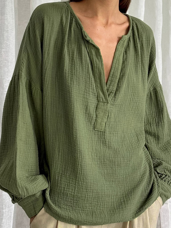 Loose Puff Sleeves Pleated Solid Color Split-Joint V-Neck Blouses&Shirts Tops