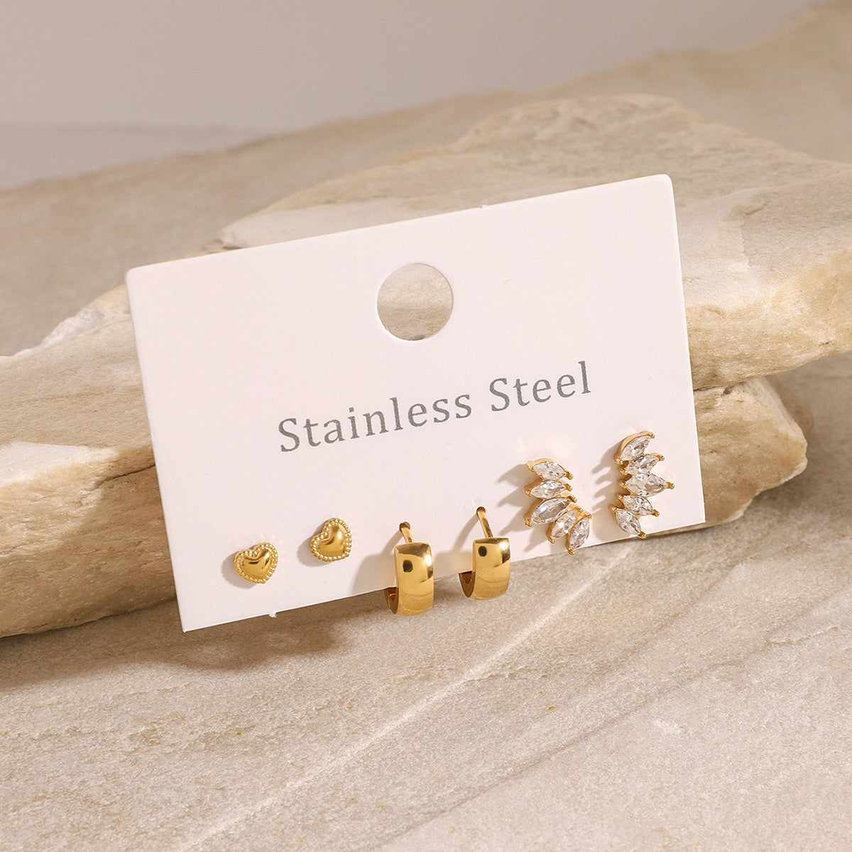 Jie Ding Three Pairs Of Stainless Steel Zircon Earrings Niche Pearl Earrings Titanium Steel Earrings