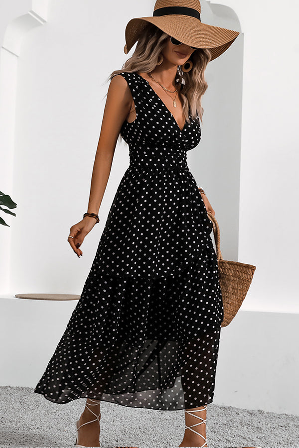 Fashion Polka Dots Print V Neck Maxi Dress