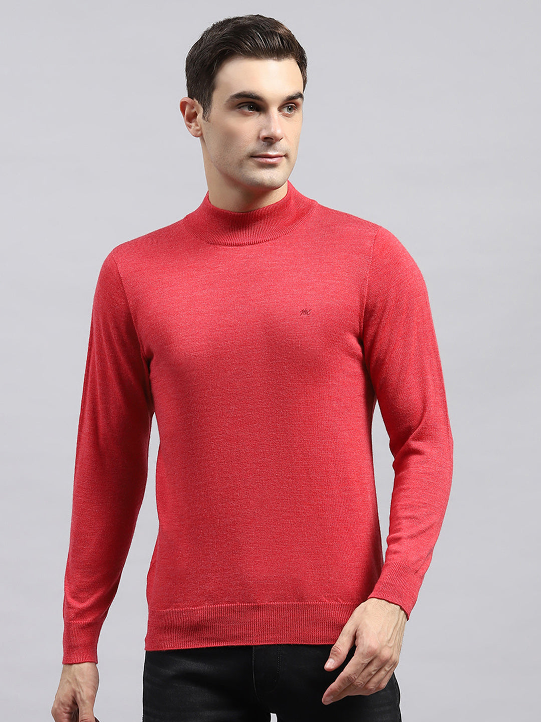 Men Red Solid High Neck Full Sleeve Pullover