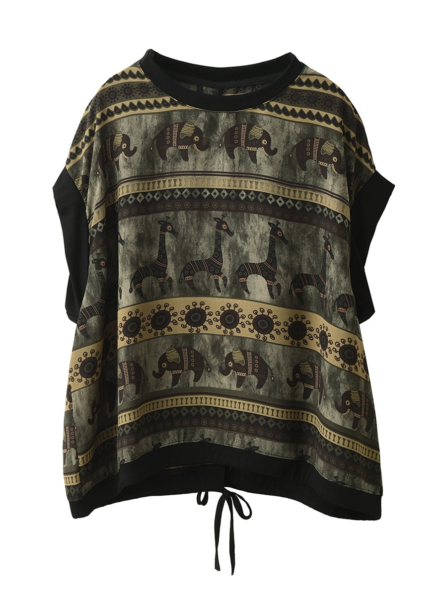 Women Summer Vintage Elephant Giraffe O-Neck Shirt