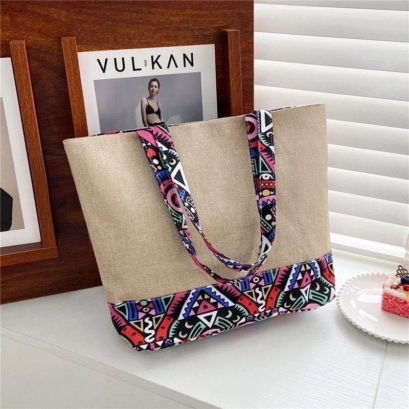 Women's Large Cotton And Linen Geometric Ethnic Style Zipper Tote Bag