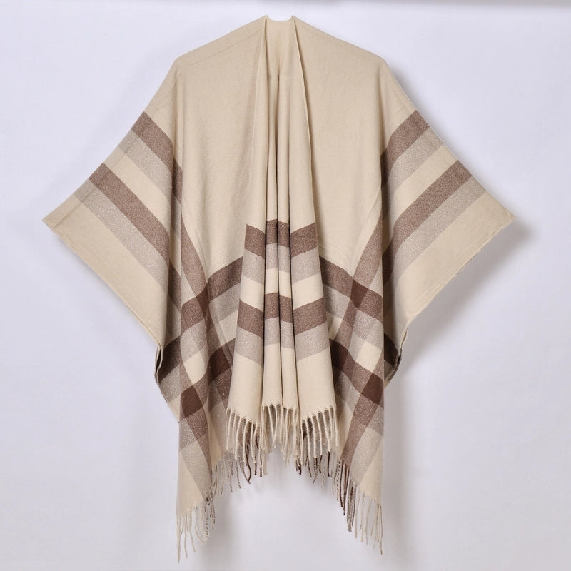 New Tassel Split Shawl Autumn And Winter Women's Simple Plaid Jacquard Scarf Cloak Hot Selling