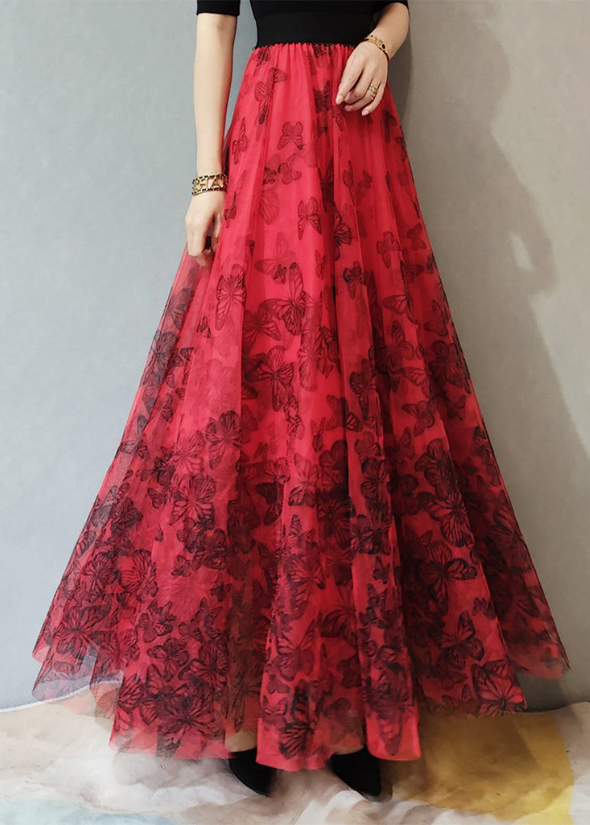 Loose Red Butterfly Elastic Waist Tulle Skirts Summer