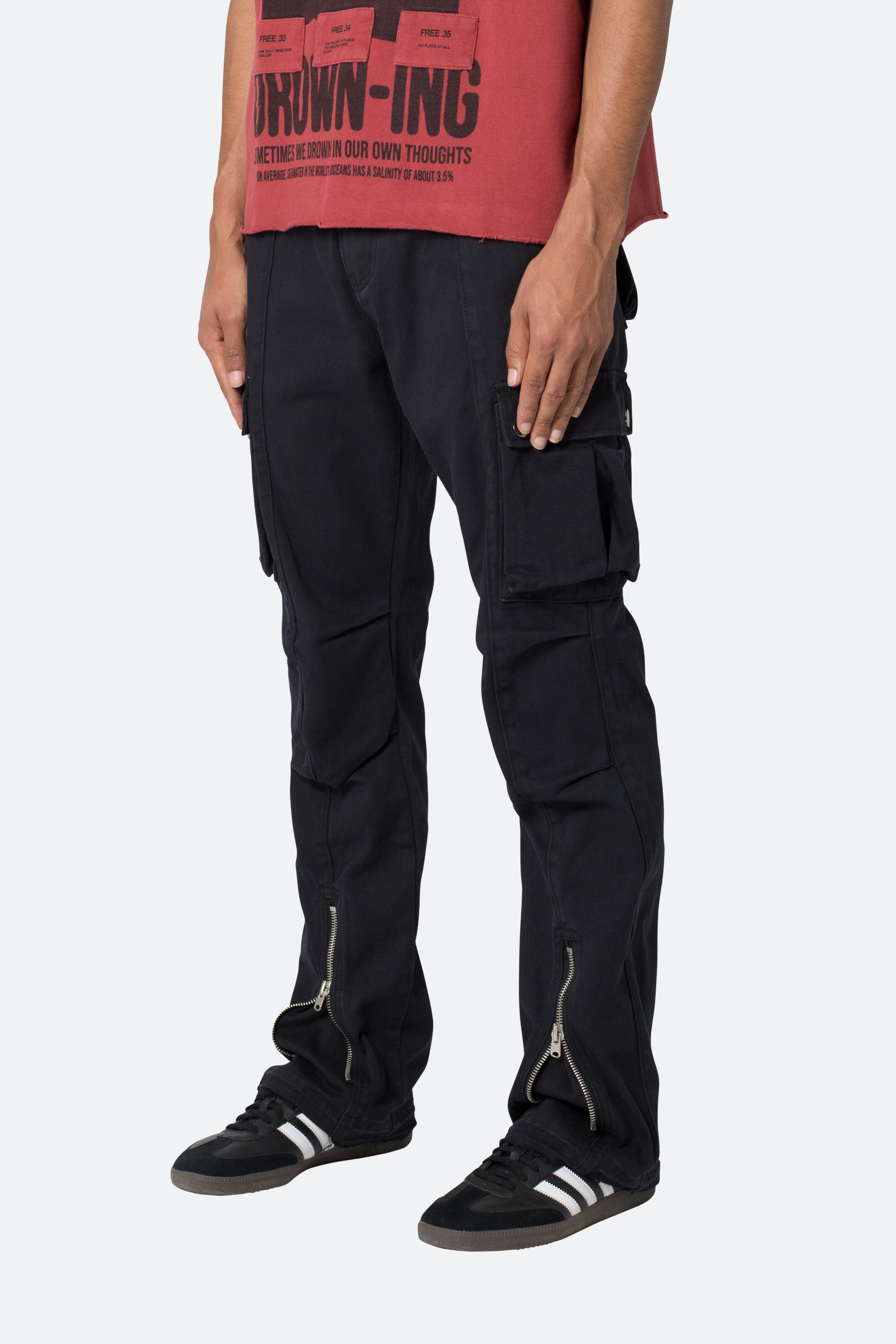 Front Zip Flare Cargo Pants - Black