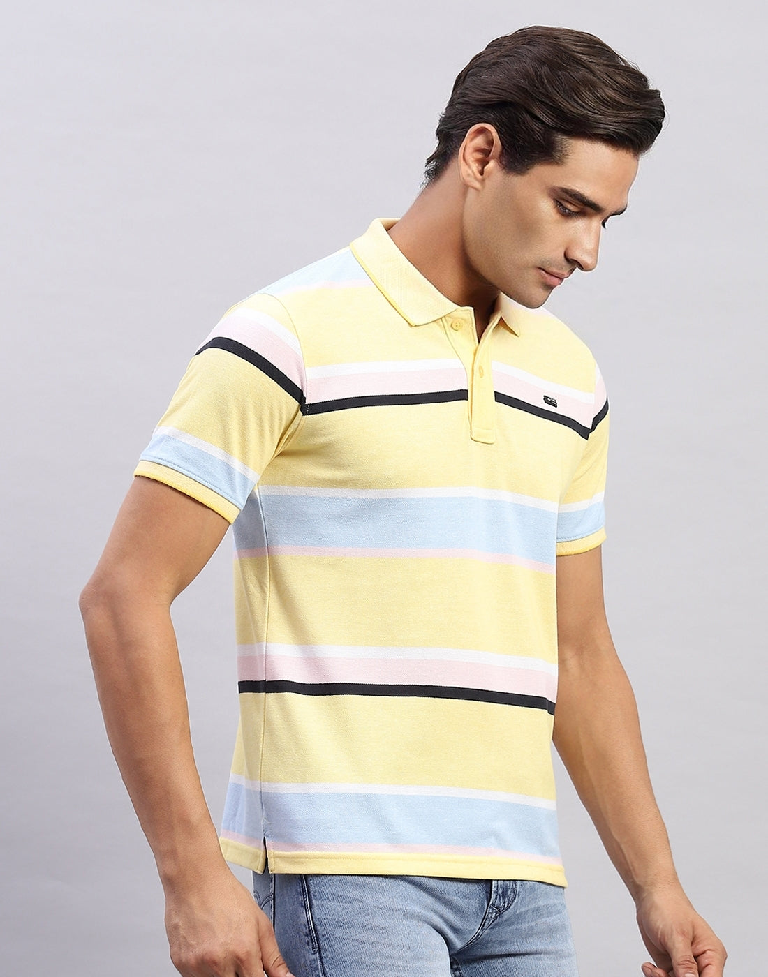 Men Yellow Stripe Polo Collar Half Sleeve T-Shirt