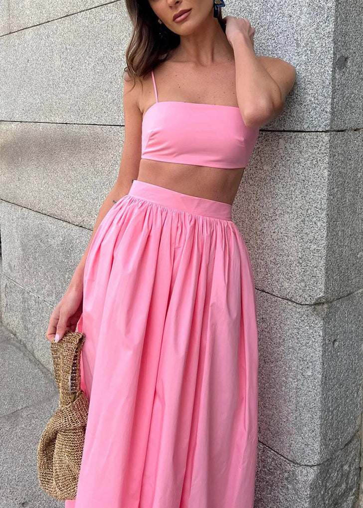 Fitted Pink Silm Fit Cotton Strapless Tops And Skirts Women Sets 2 Pieces Summer