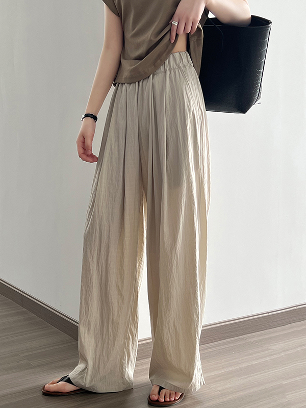 High Waisted Wide Leg Elasticity Pleated Solid Color Casual Pants Bottoms Trousers