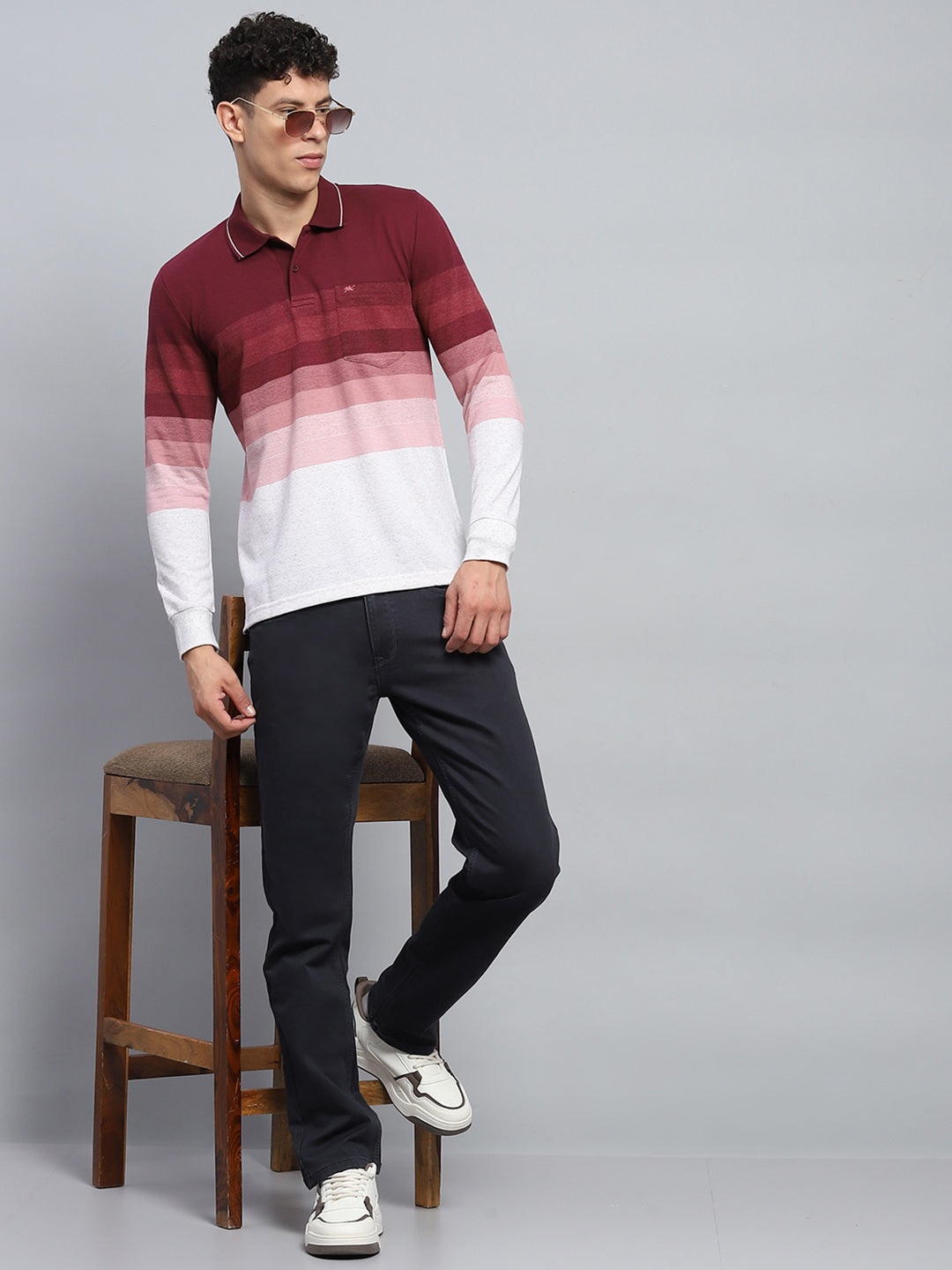 Men Maroo & White Stripe Collar Full Sleeve Winter T-Shirt