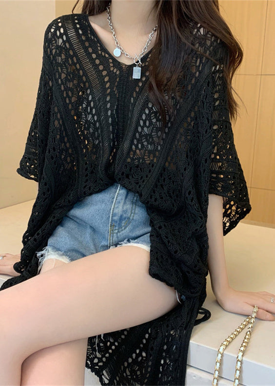 French Black V Neck Asymmetrical Knit Shirts Half Sleeve