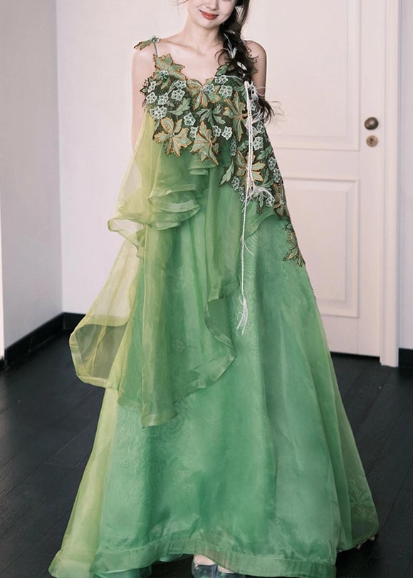 Stylish Green Embroidered Patchwork Silk Cotton Spaghetti Strap Dress Sleeveless