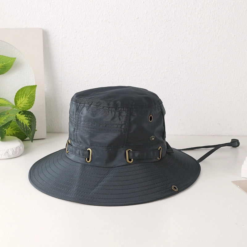 Women's Casual Japanese Style Solid Color Iron Button Wide Eaves Bucket Hat