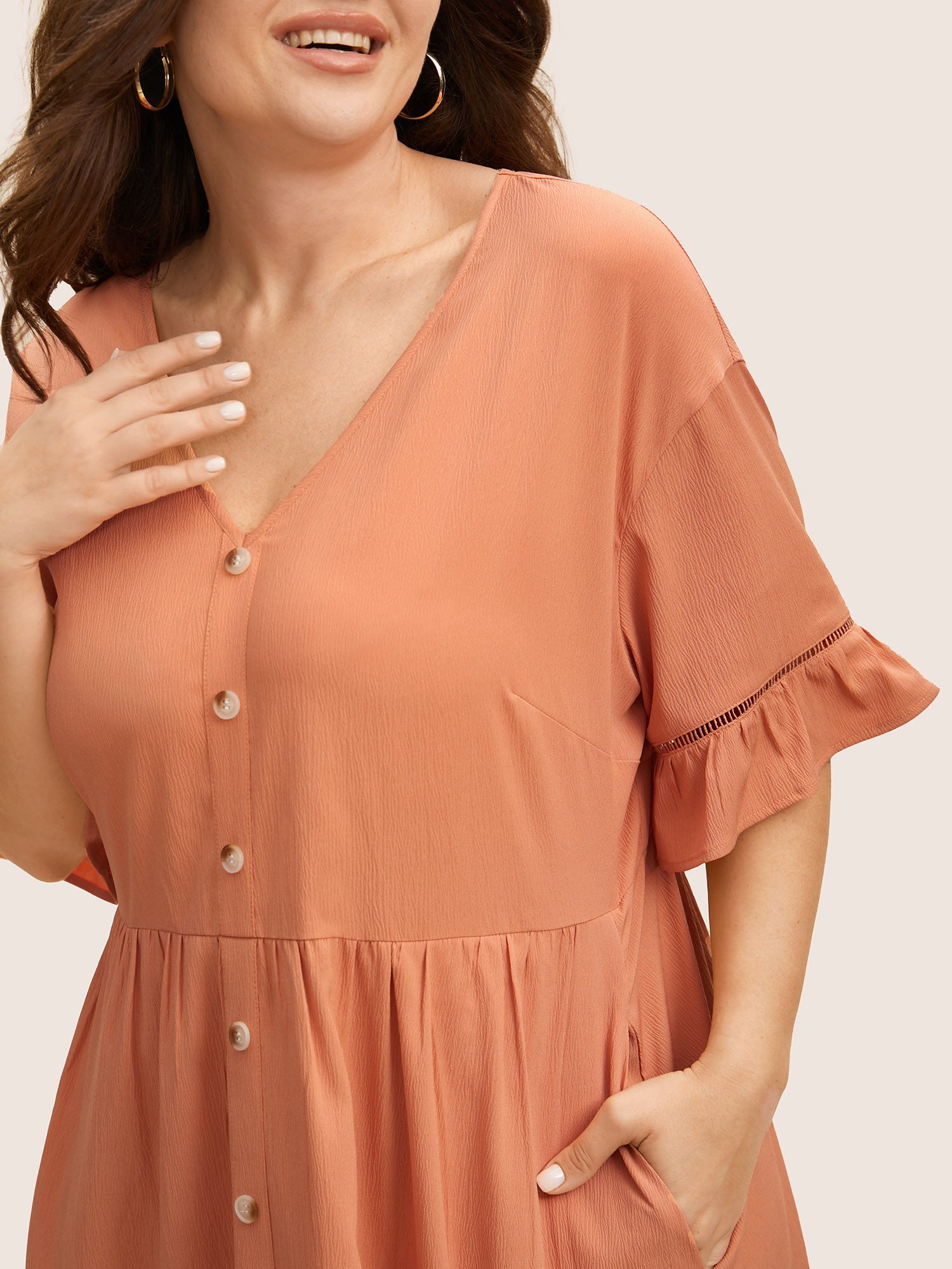 Solid Button Detail Cut Out Ruffle Sleeve Dress