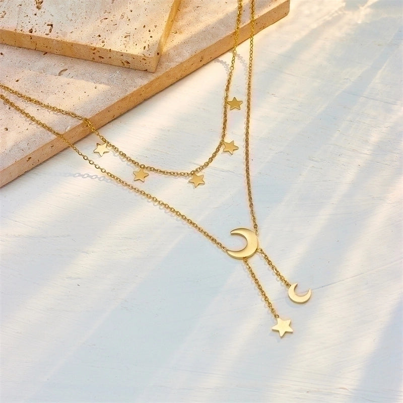 Fashion Star Moon 304 Stainless Steel 18K Gold Plated Plating Stainless Steel Necklaces
