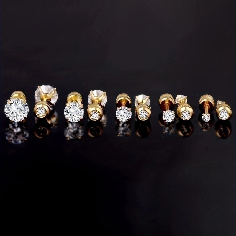 5 Pairs Minimalist Round Plating Inlay 304 Stainless Steel Zircon Gold Plated Ear Studs