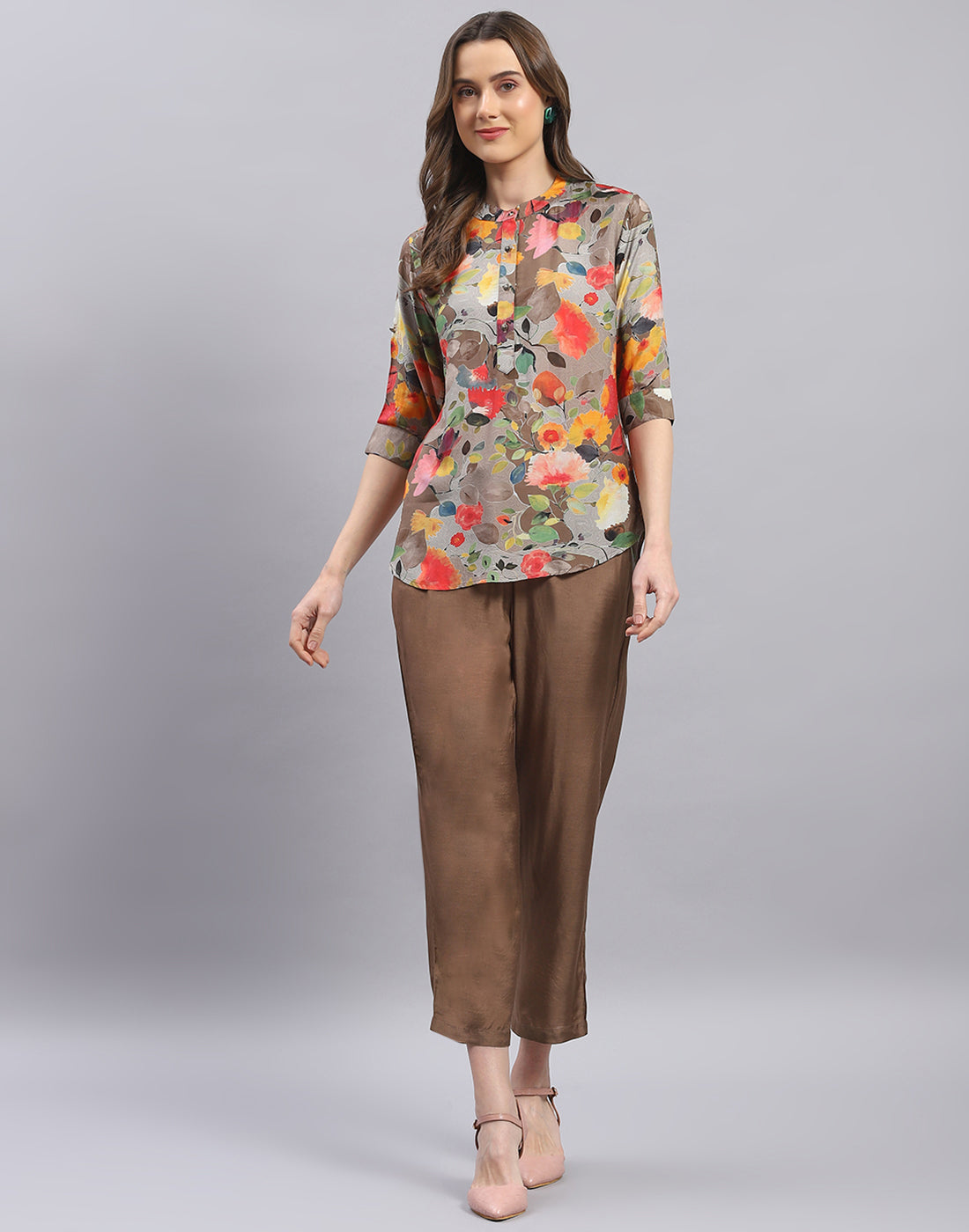 Women Brown Printed Mandarin Collar Half Sleeve Cords Set