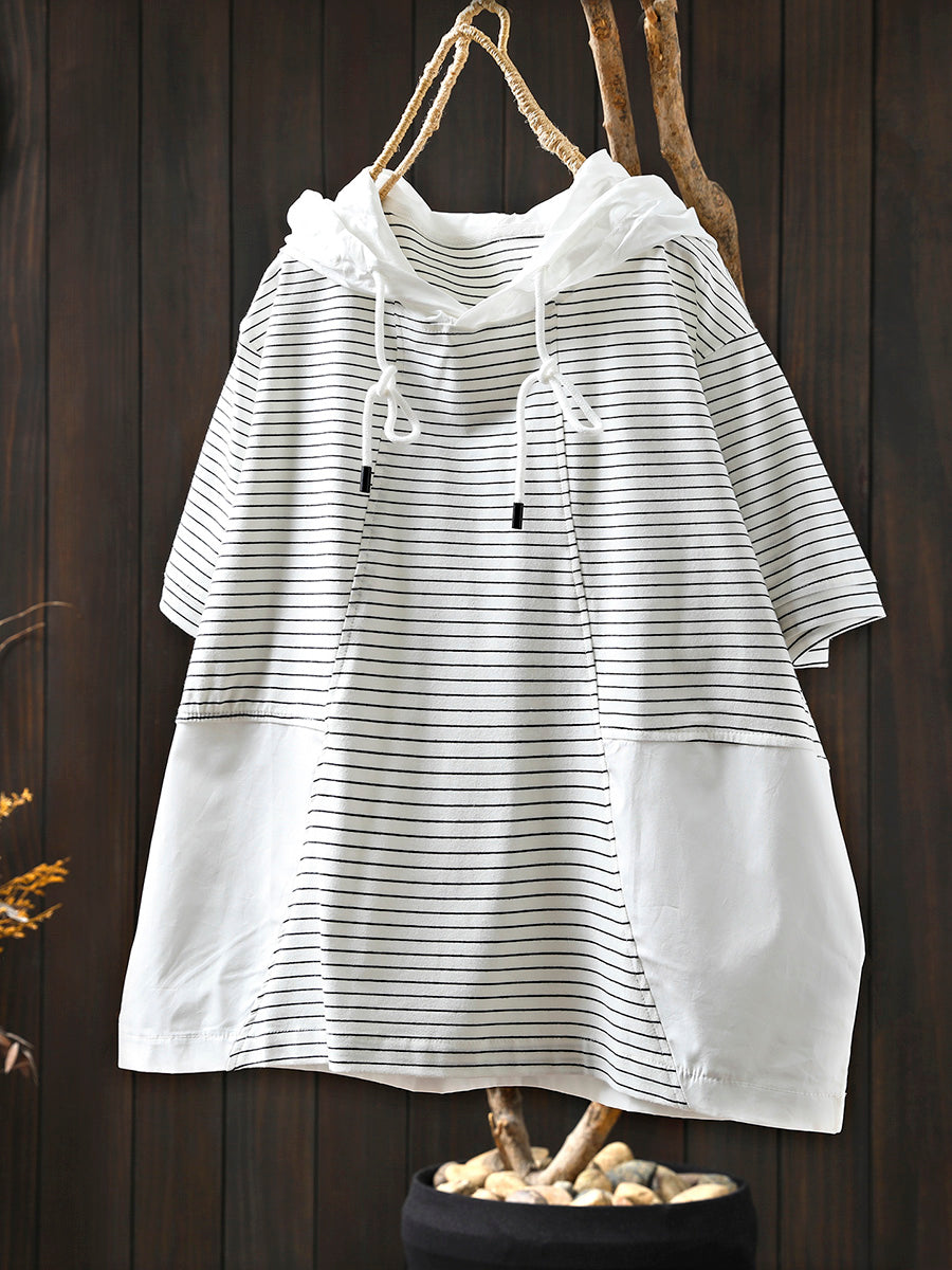 Women Summer Casual Stripe Spliced Hooded Cotton Shirt