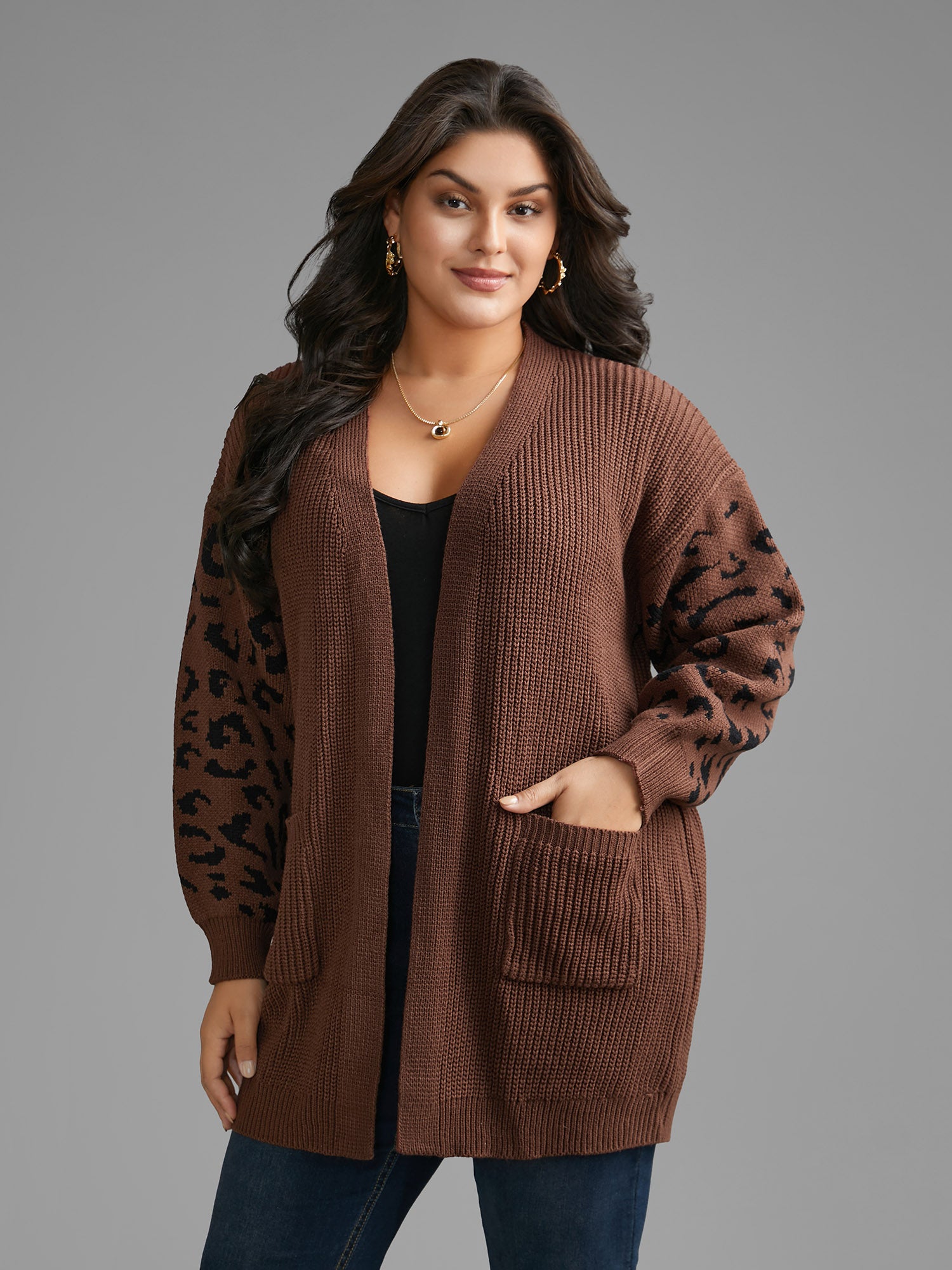 Leopard Print Patchwork Lantern Sleeve Cardigan