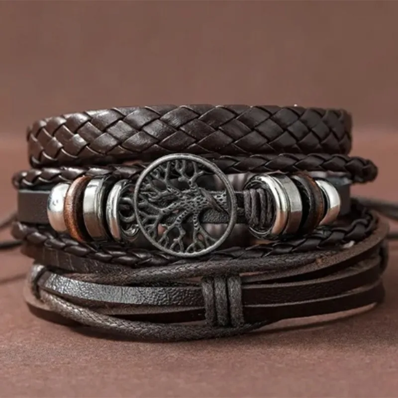 Handmade Multi-Layer Punk Braided PU Leather Bracelet for Men Vintage Style Hiphop Jewelry for Wedding and Party Gifts