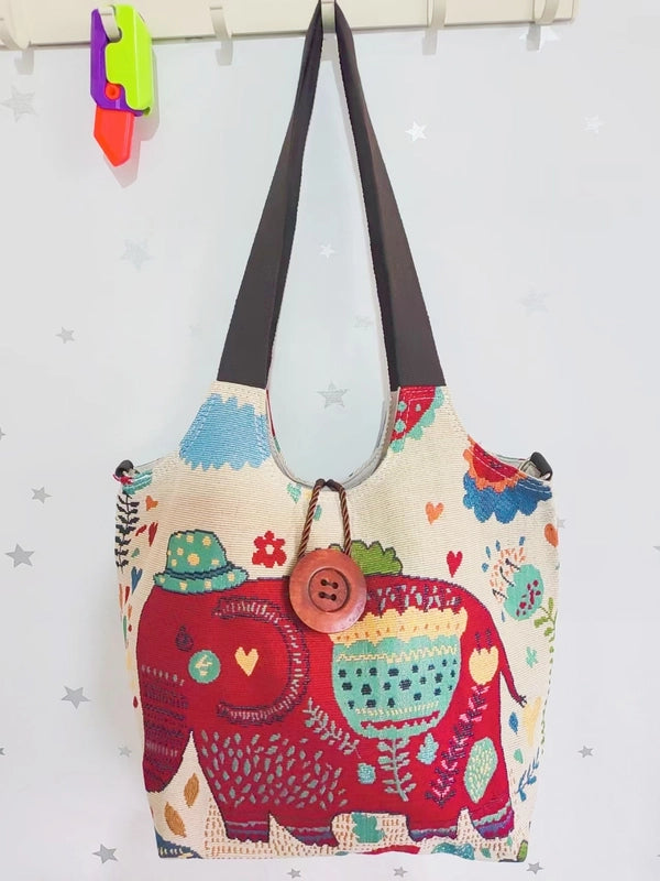 Women's Large Canvas Elephant Ethnic Style Square Zipper Shoulder Bag
