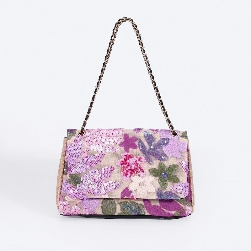 10 Pieces Women's Large Hemp Material Flower Elegant Sequins Square Flip Cover Crossbody Bag