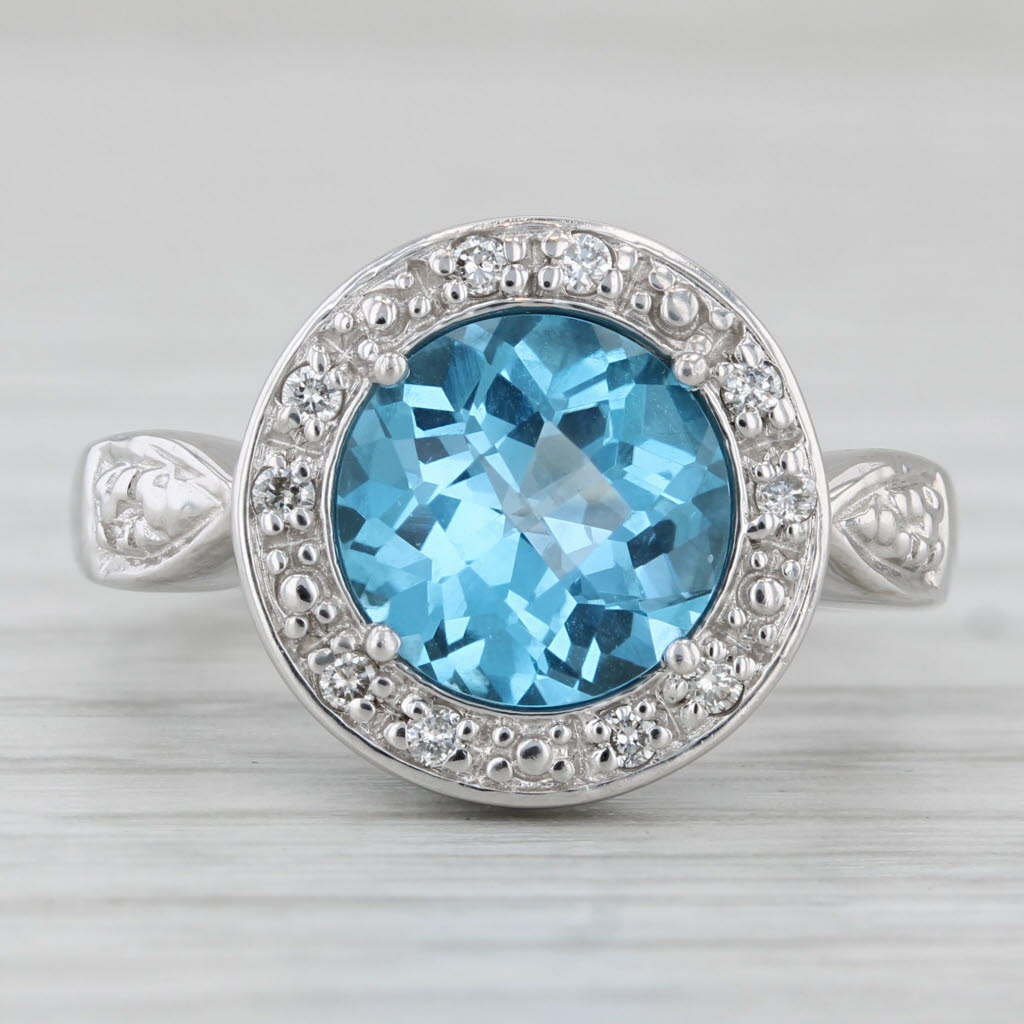 3.60ctw Blue Topaz Diamond Halo Ring 14k White Gold Size 6