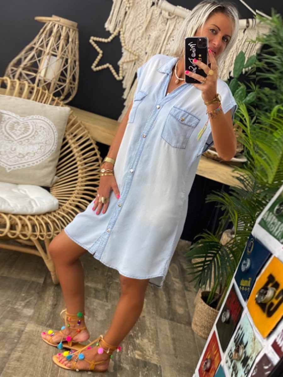 Sleeveless Buttoned Shirt Denim Dress