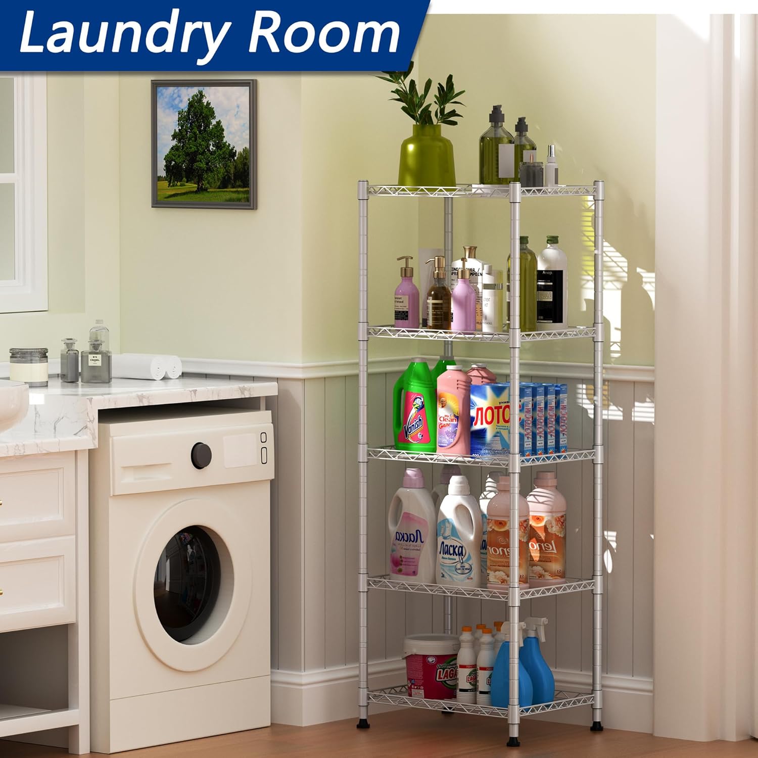REGILLER 5-Wire Shelving Metal Storage Rack Adjustable Shelves,Standing Storage Shelf Units for Laundry Bathroom Kitchen Pantry Closet(Black,11.8