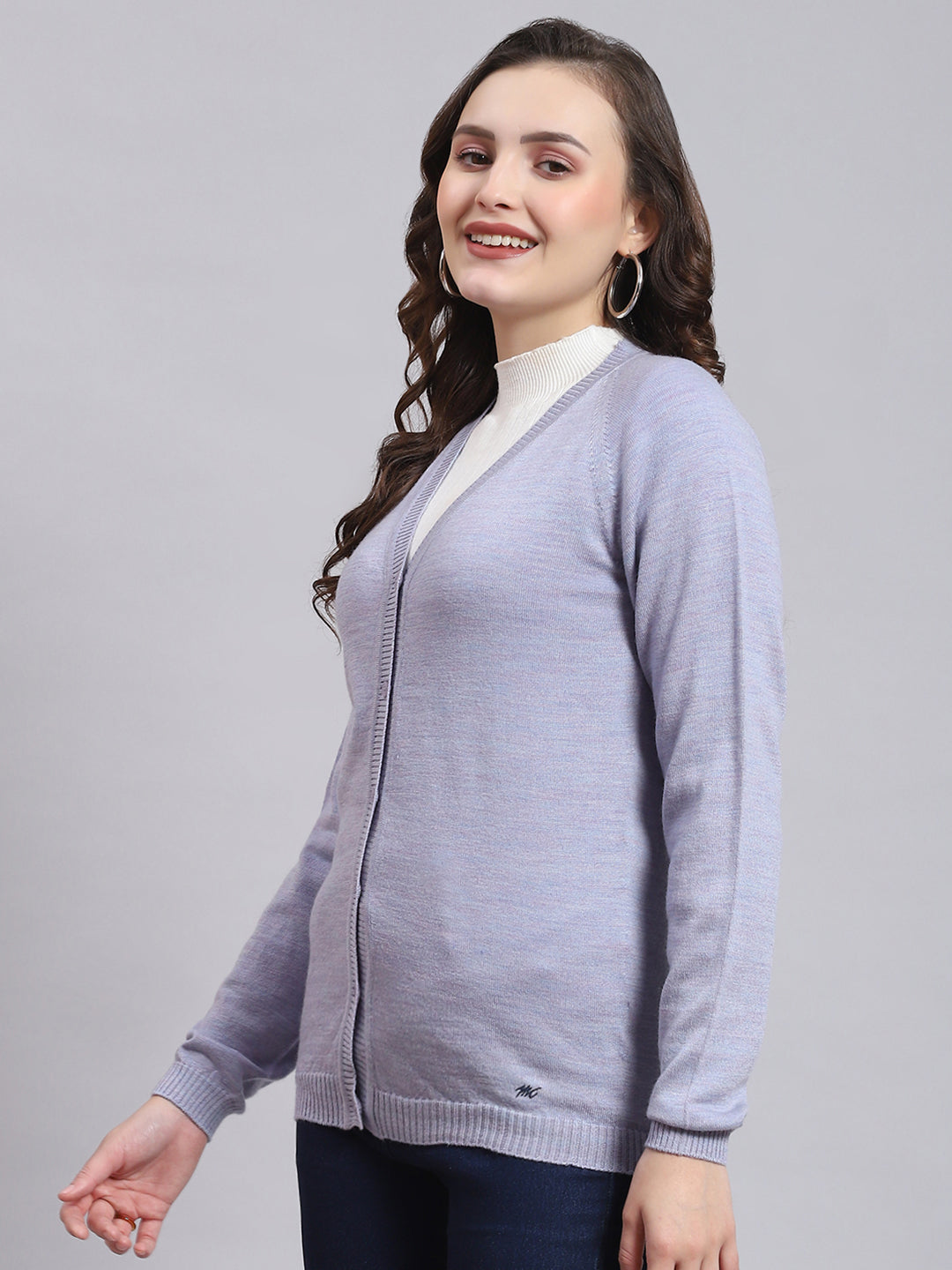 Women Purple Solid V Neck Full Sleeve Cardigan