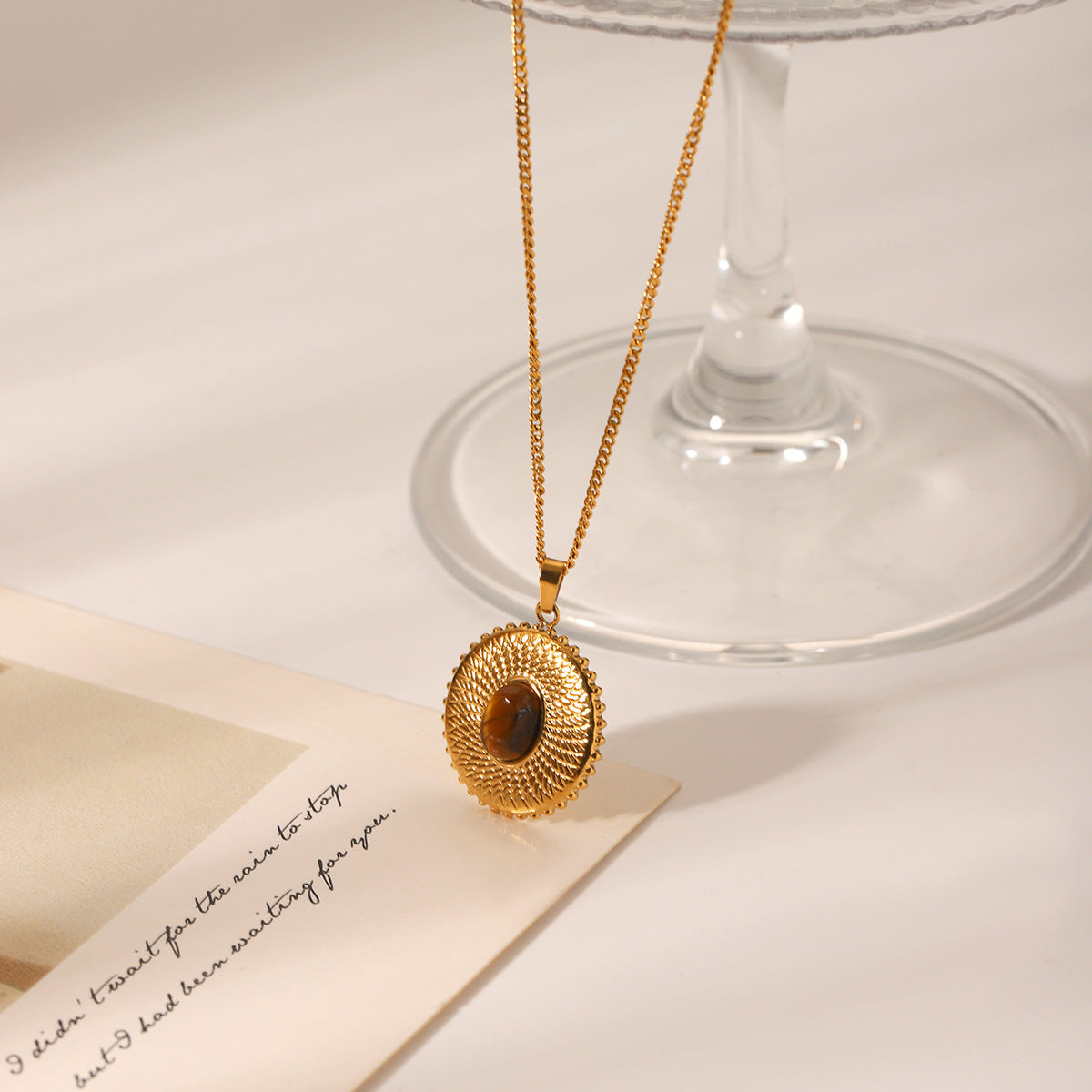 Retro Round Texture Stainless Steel Inlaid Tiger Eye Stone Pendant Necklace Female Versatile Titanium Steel Necklace