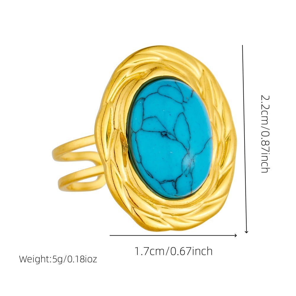 Fashion Retro High-End Open Adjustable Line Oval Inlaid Blue Turquoise Accessories Stainless Steel Ring