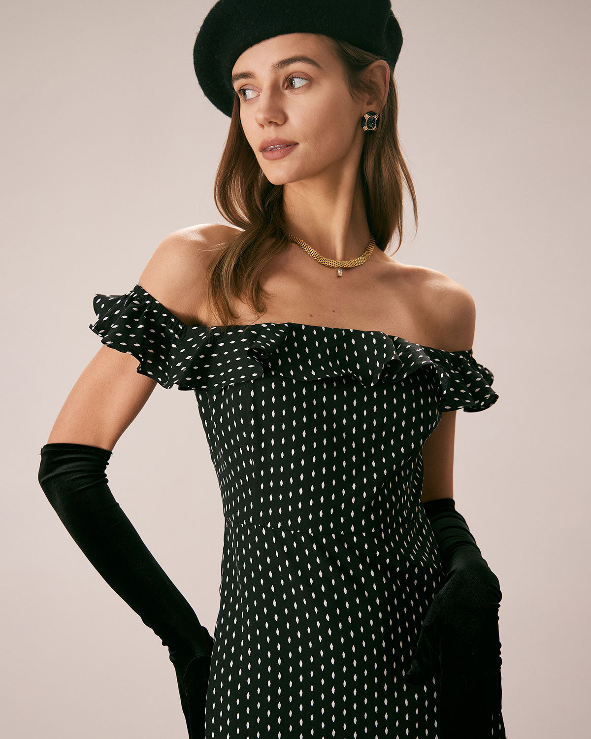 The Black Off The Shoulder Ruffle Midi Dress