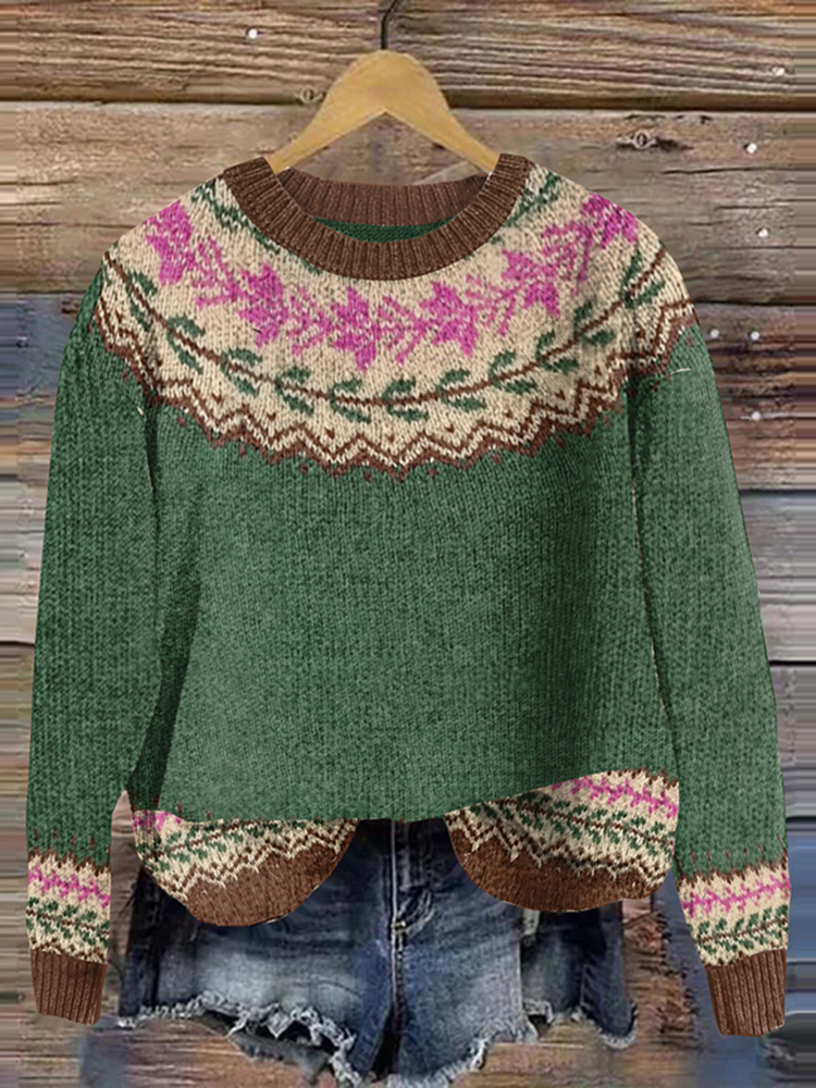 Retro Rose Pattern Crew Neck Sweater