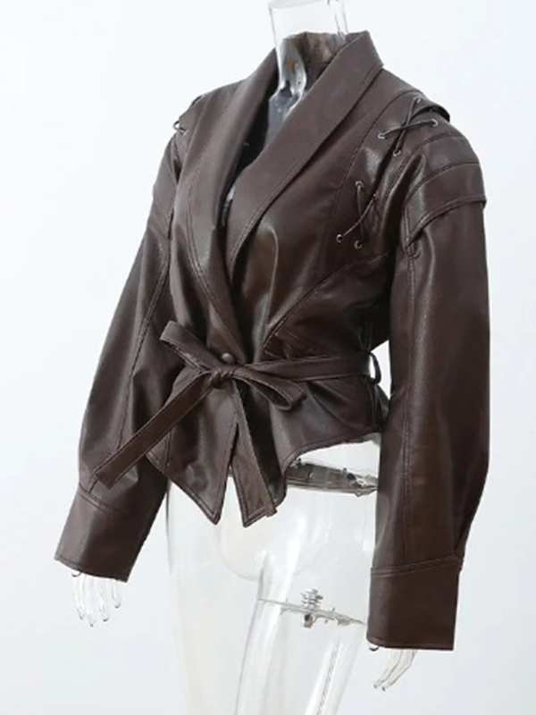 Long Sleeves Loose Split-Joint Tied Waist Lapel Jackets Outerwear