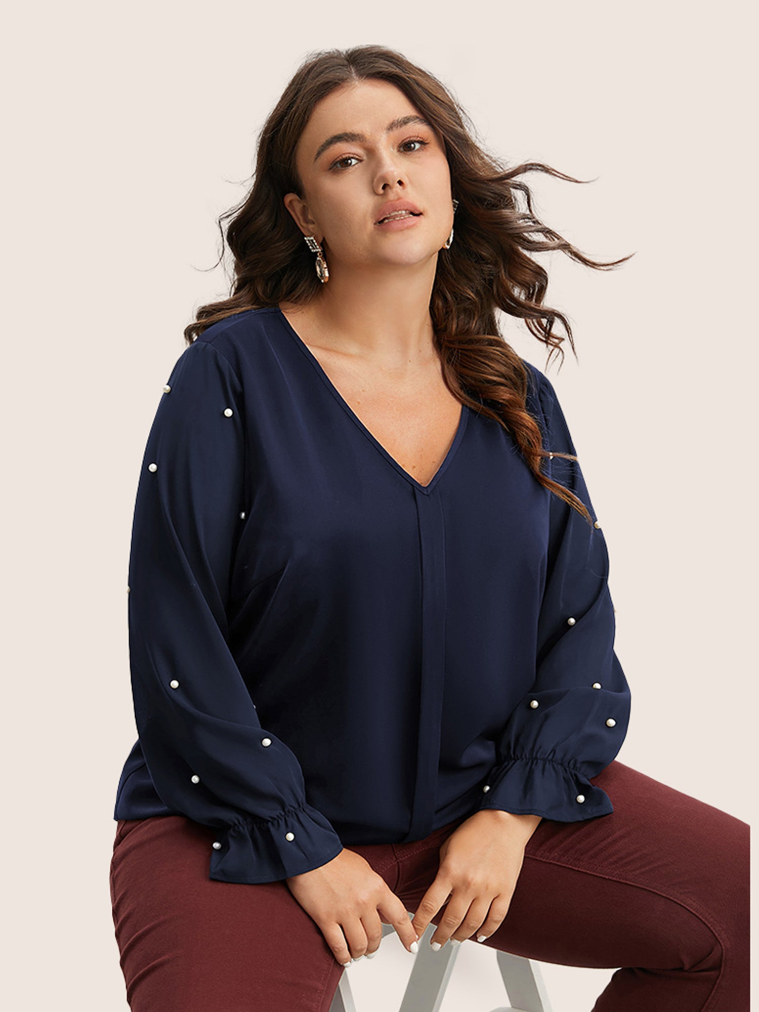 Pearl Beaded Mesh Patchwork Ruffles Blouse