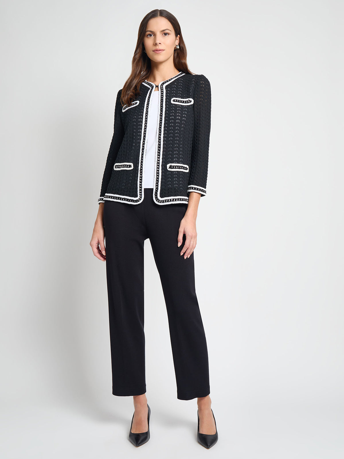 Heritage Chain Trim Pointelle Open Knit Jacket - True Fit