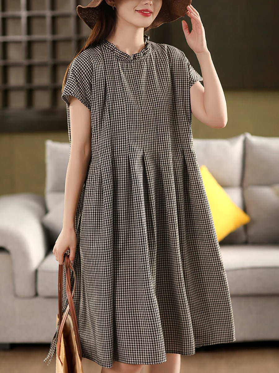 Women Summer Vintage Plaid Stand Collar 100%Cotton Dress