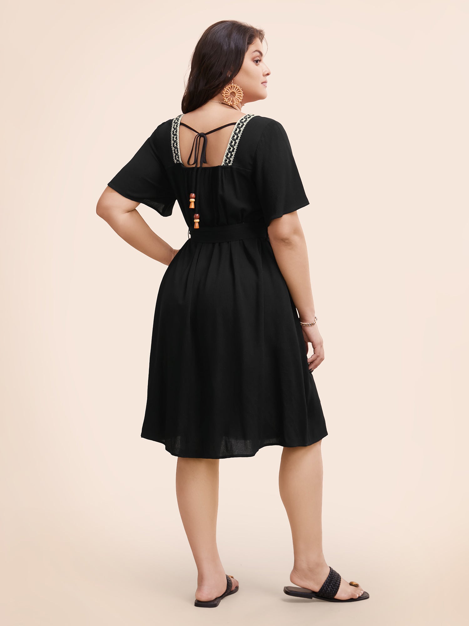 Square Neck Contrast Webbing Belted Dress