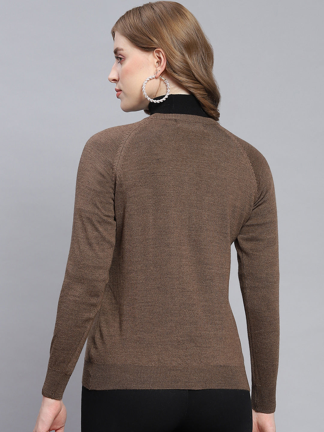 Women Brown Solid Round Neck Full Sleeve Cardigan