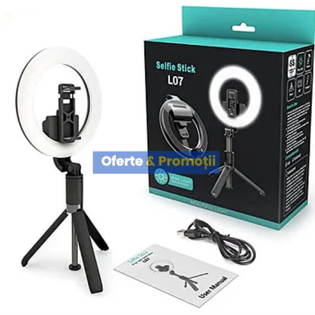 Selfie stick L07 tip trepied cu lampa circulara pliabil si bluetooth