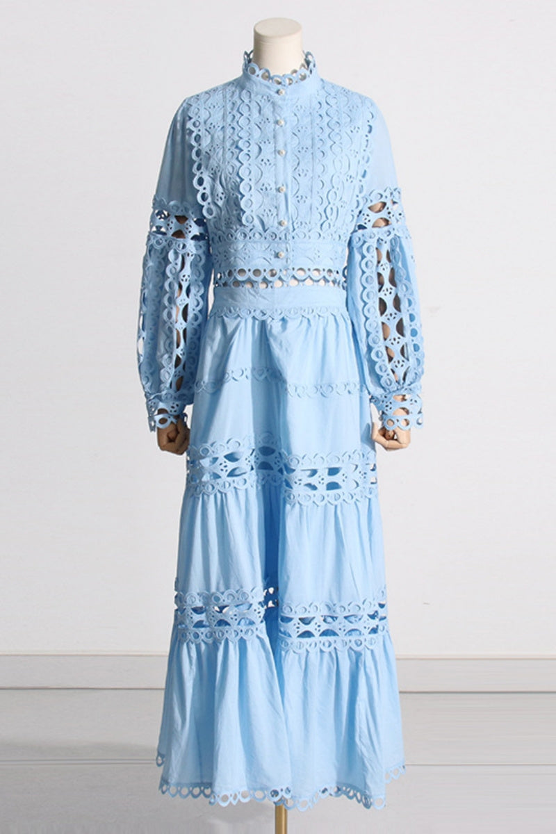 Casual Solid Color Hollow Out Mandarin Collar Long Sleeve Two Pieces