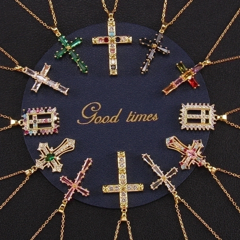 Elegant Lady Cross Copper Plating Inlay Zircon Pendant Necklace