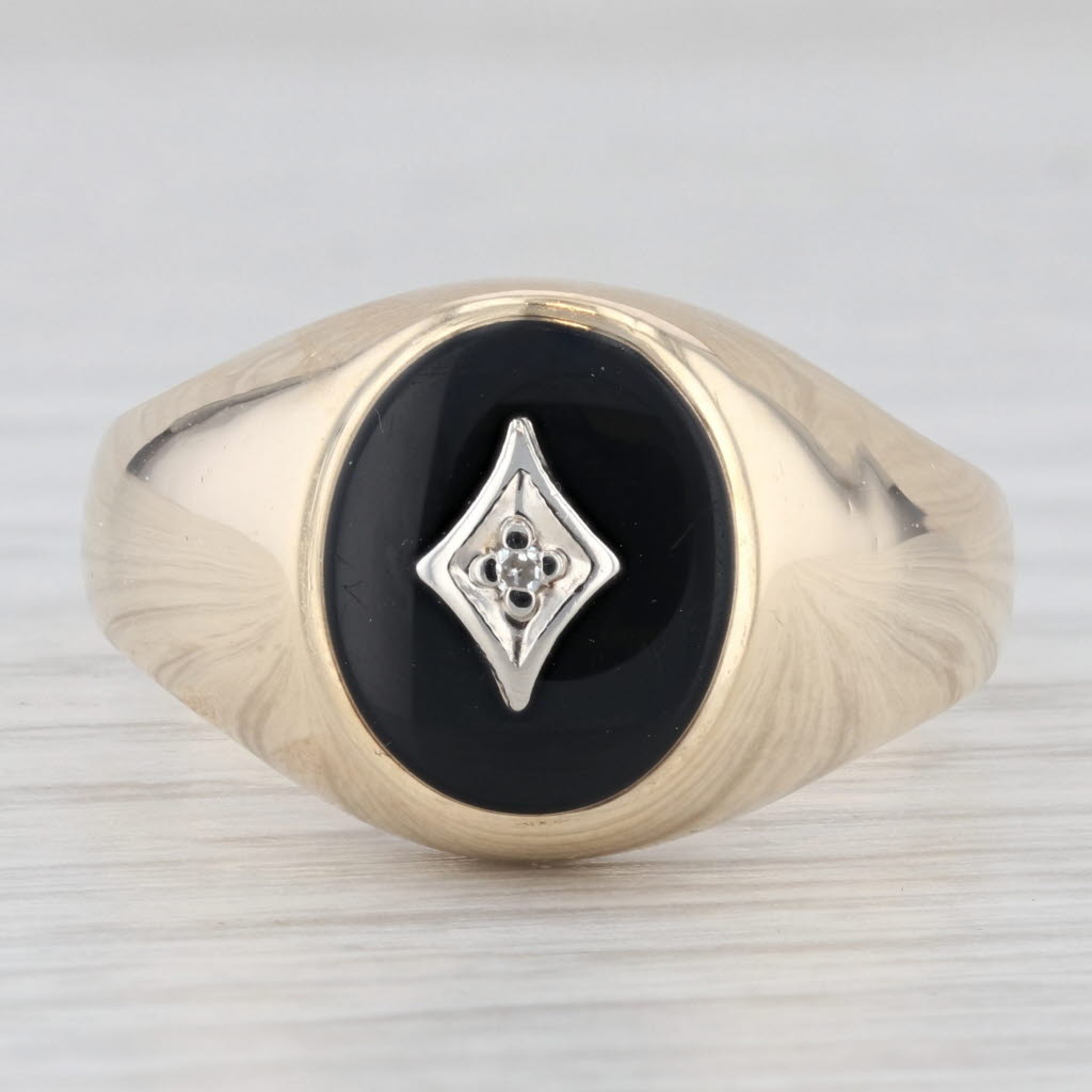 Onyx Diamond Men's Signet Ring 10k Yellow Gold Size 12 Vintage