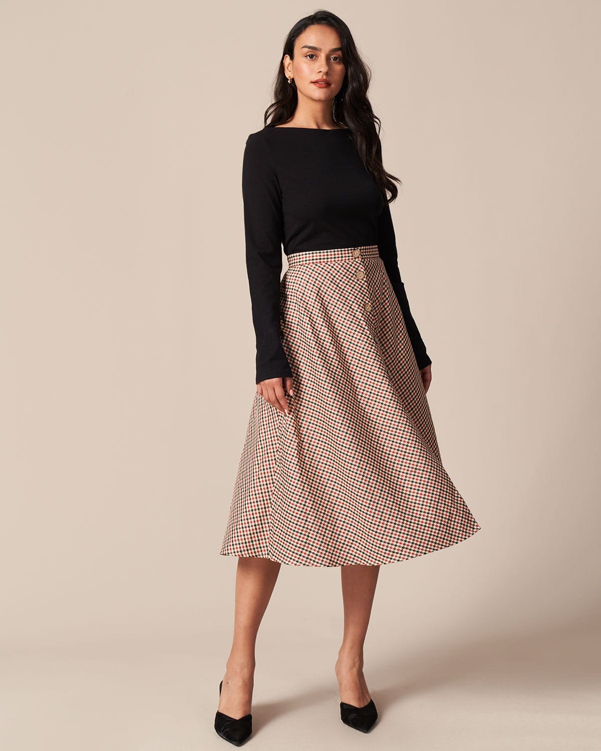 The Brown High Waisted Plaid Button Midi Skirt